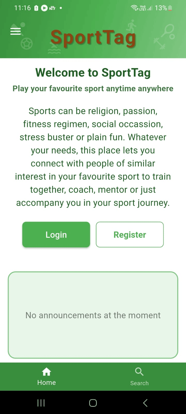 Login/Register screen